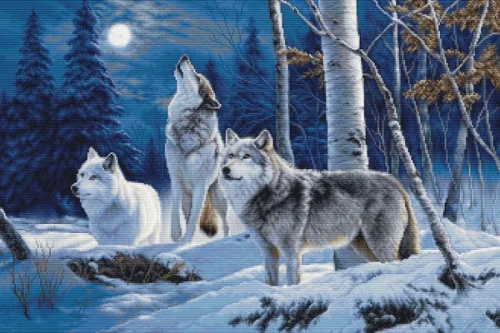 The Howl of Wolves and the Winter Moon Cross Stitch Kit by Luca S GOLD