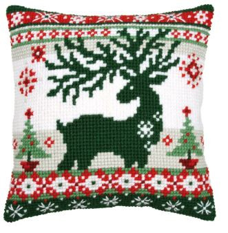 Nordic Evergreen Reindeer Cushion Printed Cross Stitch Kit By Vervaco