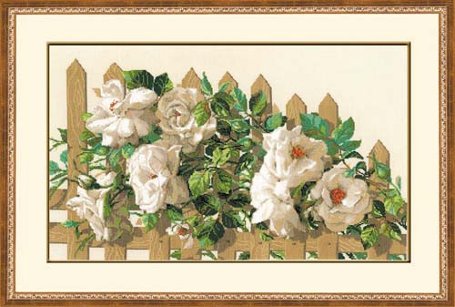White Roses On Fence Cross Stitch Kit