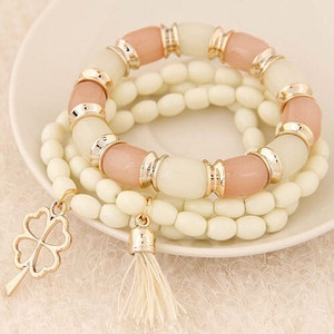 Golden Four-leaf Clover and Tassel Pendants Multi-layer Beads Fashion Bracelet - White A392-fabr1197