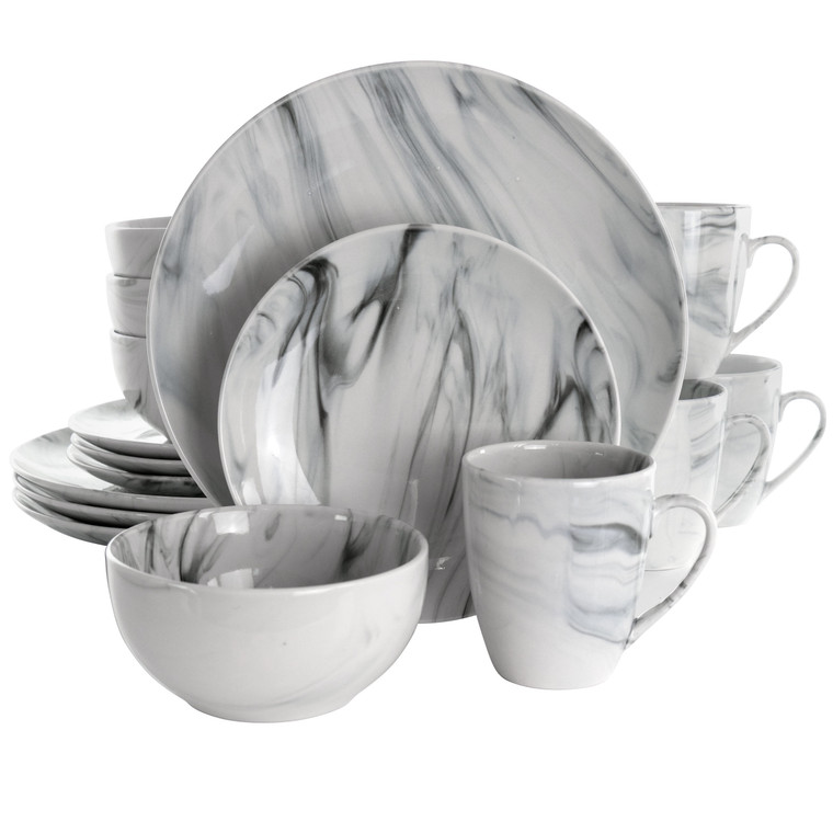 Elama Fine Marble 16 Piece Stoneware Dinnerware Set in Black and White D970-EL-FINEMARBLE