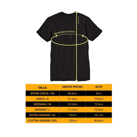 Tabla de tallas para playera unisex Michiverso tallas S a XL. Incluye medidas en centímetros de largo total, ancho de pecho, largo de manga y ancho de hombros.