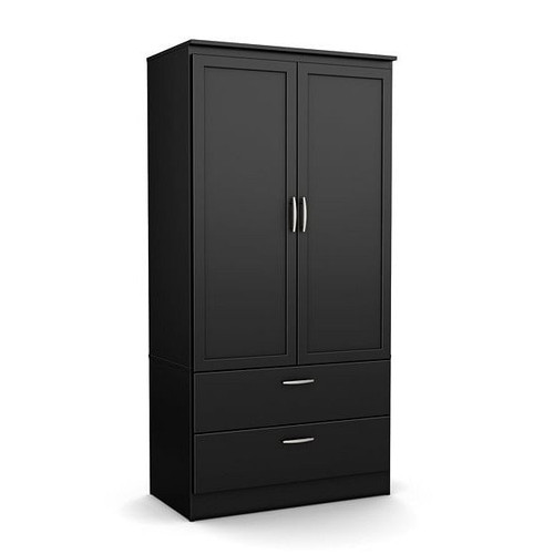 Modern Two Door Wardrobe Armoire with Two Drawers and Hanging Rod Storage, Black Q280-BLWH0038