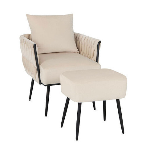 Modern Dutch Velvet Accent Chair and Ottoman Set with Weaved Back and Arms-White - Color: White D681-HV10502WH