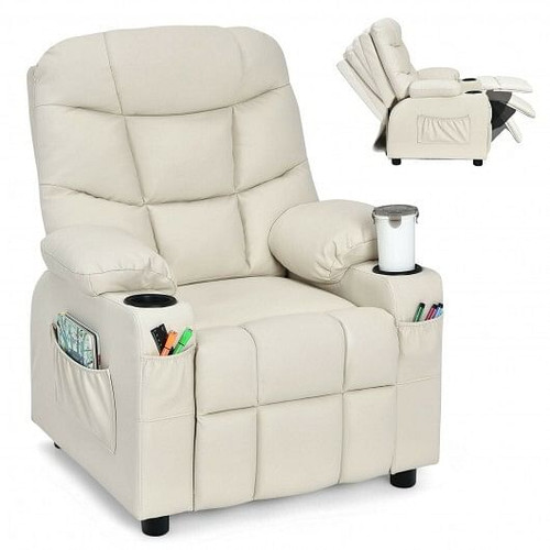 Kids Recliner Chair with Cup Holder and Footrest for Children-Beige - Color: Beige D681-HW66955SA