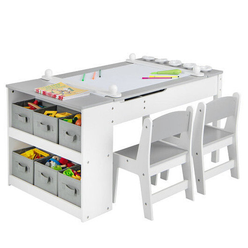 2-in-1 Kids Wooden Art Table and Art Easel Set with Chairs Storage Bins Paper Roll-Gray B593-HY10243