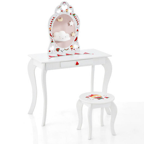 2 in 1 Children Pretend Makeup Vanity Set with Removable Mirror and Storage Drawer-White B593-HY10189