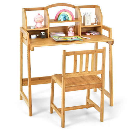 Bamboo Kids Study Desk and Chair Set with Bookshelf - Color: Natural D681-HY10004