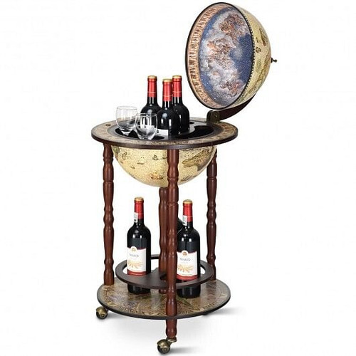 17 Inch Italian Style Design Wooden Globe Liquor Bottle Wine Rack with Wheels B593-HW58775