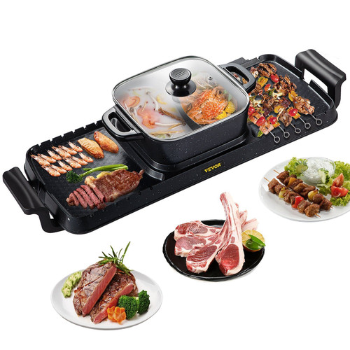 VEVOR 2 in 1 Electric Grill and Hot Pot, 2400W BBQ Pan Grill and Hot Pot, Multifunctional Teppanyak E415-FTSJ2200W110VXOZEV1