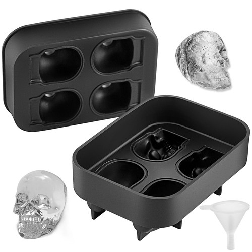 VEVOR Skull Ice Cube Tray, 4-Grid Skull Ice Ball Maker, Flexible Black Silicone Ice Tray with Lid & E415-BJLJTBG4G00000001V0