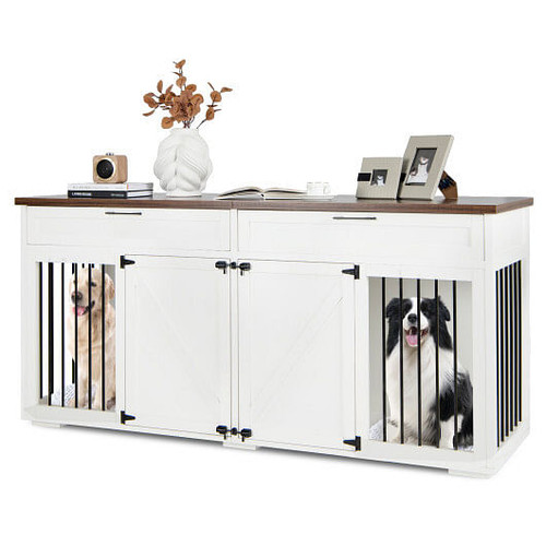 Double Dog Crate Furniture Large Breed Wood Dog Kennel with Room Divider-White - Color: White