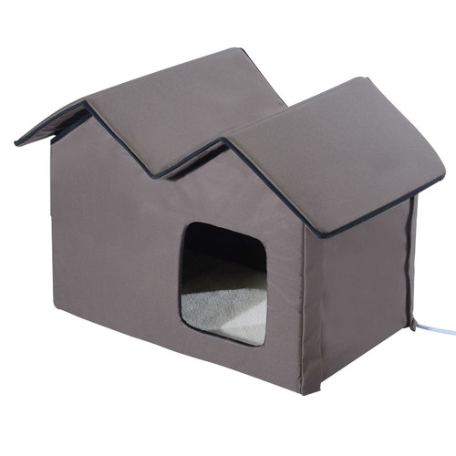 Heated Water-proof Double Wide Outdoor Cat Dog House Foldable Brown