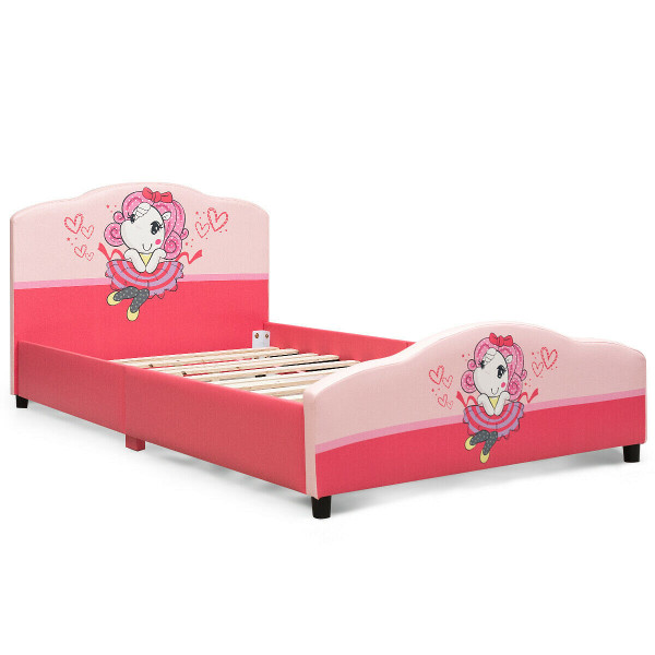 Kids Children Upholstered Platform Toddler Girl Pattern Bed - Color: Pink - Size: Twin Size D681-HW61880