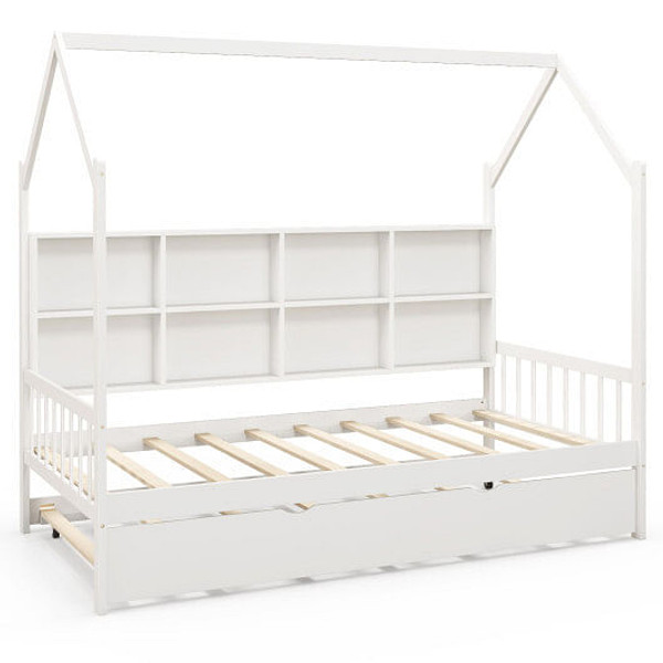 Twin Size Kids Montessori Daybed with Roof and Shelf Compartments-White - Color: White D681-HU10654WH+