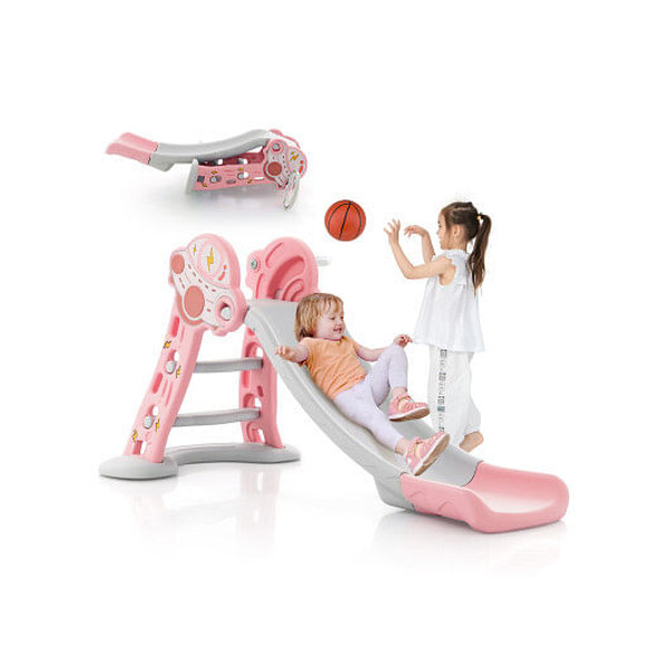 3-in-1 Folding Slide Playset with Basketball Hoop and Small Basketball-Pink - Color: Pink D681-TS10104PI