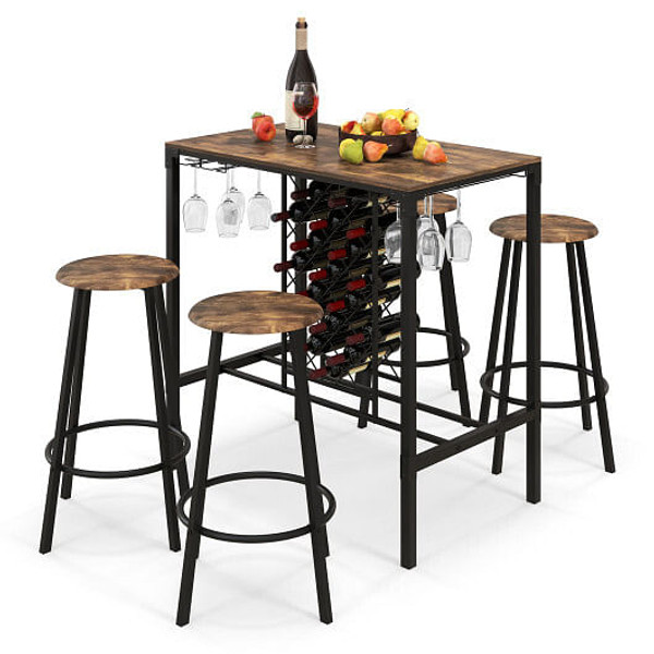5 Pieces Bar Table and Stools Set with Wine Rack and Glass Holder-Rustic Brown - Color: Rustic Brown D681-KC55678CF