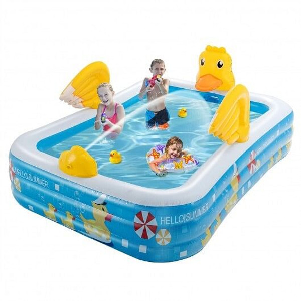 Inflatable Swimming Pool Duck Themed Kiddie Pool with Sprinkler for Age Over 3-Blue B593-NP10336US