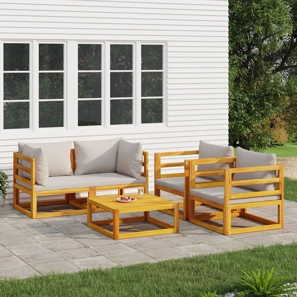 vidaXL 5 Piece Patio Lounge Set with Light Gray Cushions Solid Wood A949-3155285