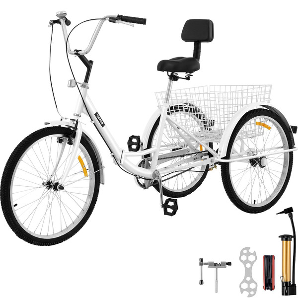 VEVOR Tricycle Adult 24'' Wheels Adult Tricycle 1-Speed 3 Wheel Bikes White For Adults Three Wheel  E415-ZDCLC24C1SWHITE01V0