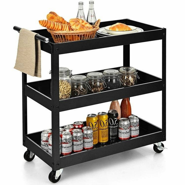 Black Steel Frame Kitchen Serving Utility Cart on Wheels with 2 Bottom Shelves Q280-BTUCSW89132756