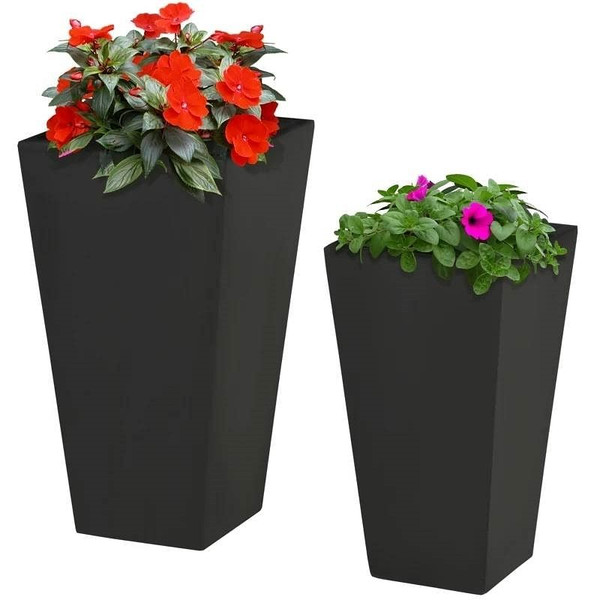 Set of 2 Modern Lightweight Black Outdoor Patio Flower Pot Tall Planter Box Q280-RGTYU90734