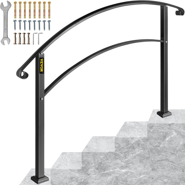 VEVOR Handrails for Outdoor Steps, Fit 1 or 5 Steps Outdoor Stair Railing, Black Wrought Iron Handr E415-5FTHWTYFSBLACK001V0