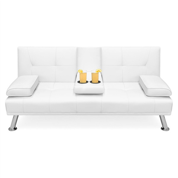 White Faux Leather Convertible Sofa Futon with 2 Cup Holders Q280-WHFMGF33409