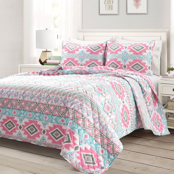 Twin Southwest Indian Style Polyester Pink Blue Striped Reversible Quilt Set Q280-LDNV9003