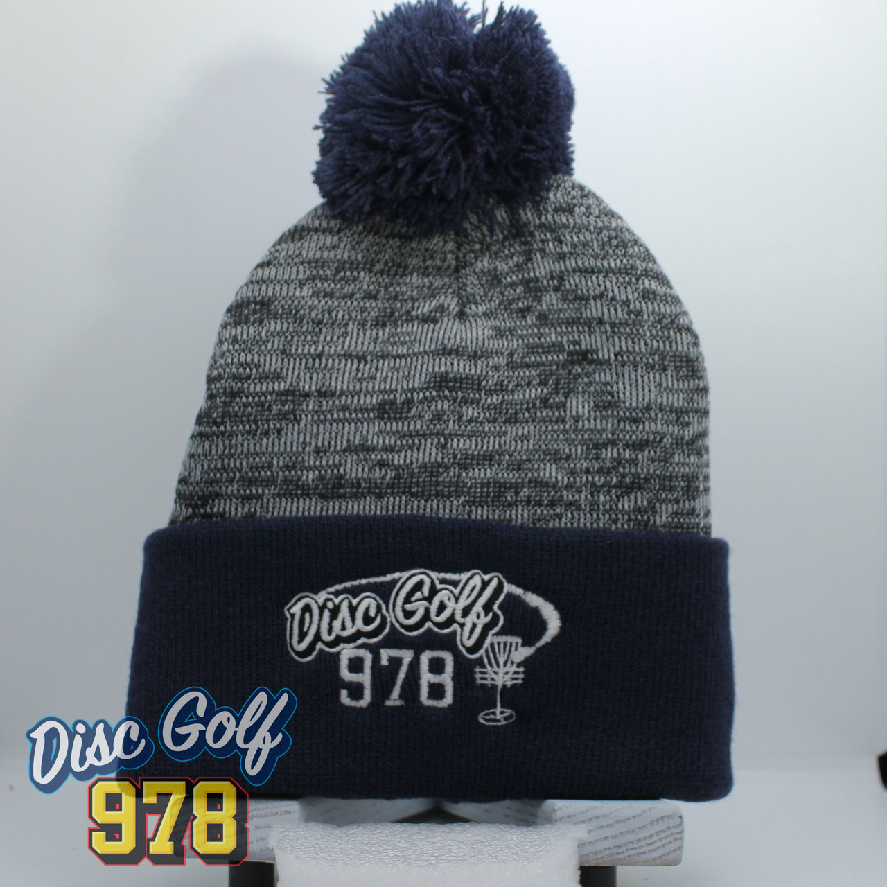 Disc Golf 978 Grey/Blue Knit Cap w/Pom Pom