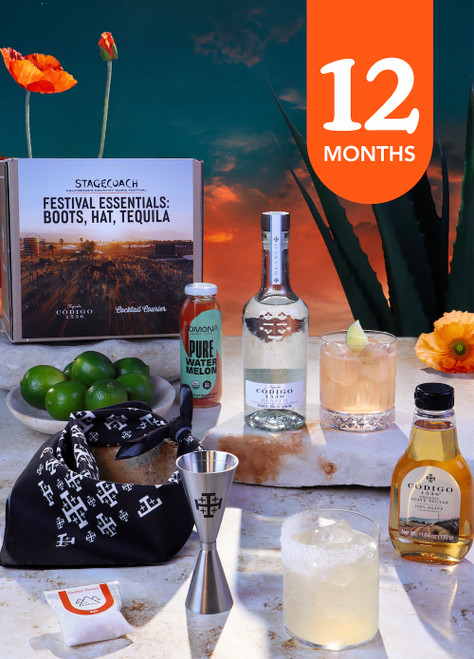 Cocktail Courier Kit with tequila and syrups with text describing 12 month subscription program