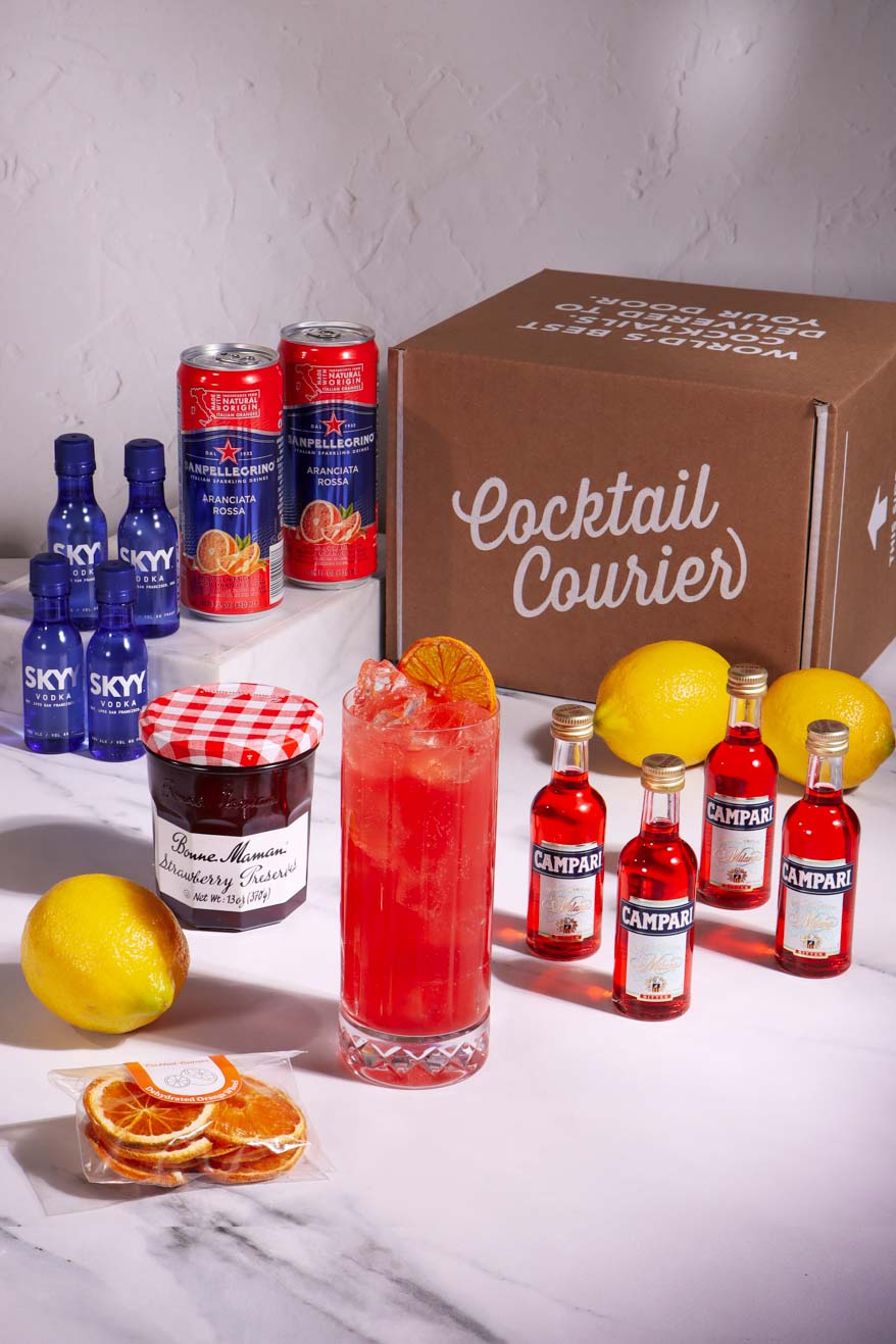 A shot of the kit contents for the  Campari Blood Orange Fizz