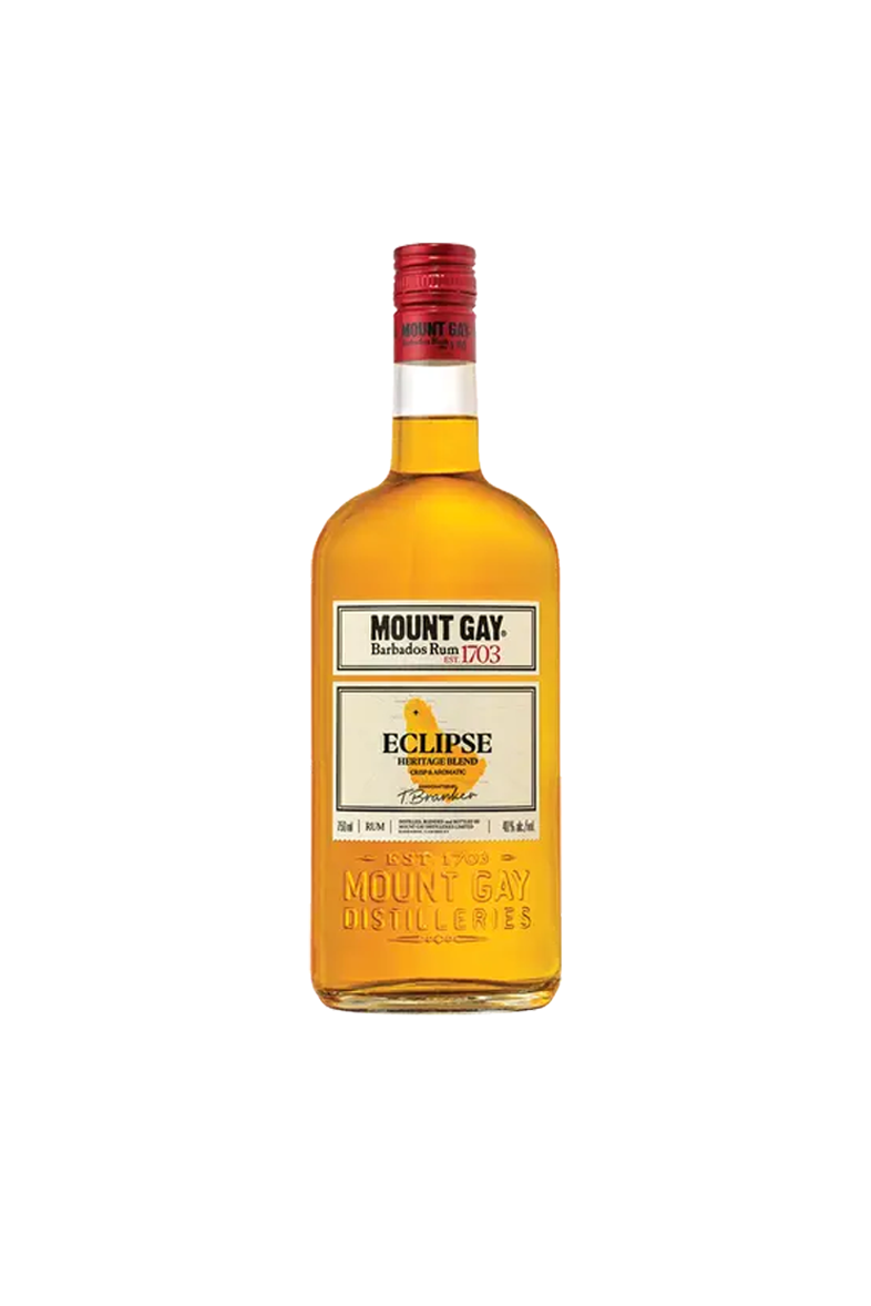 bottle of Mt. Gay Eclipse, liquor is light brown in color