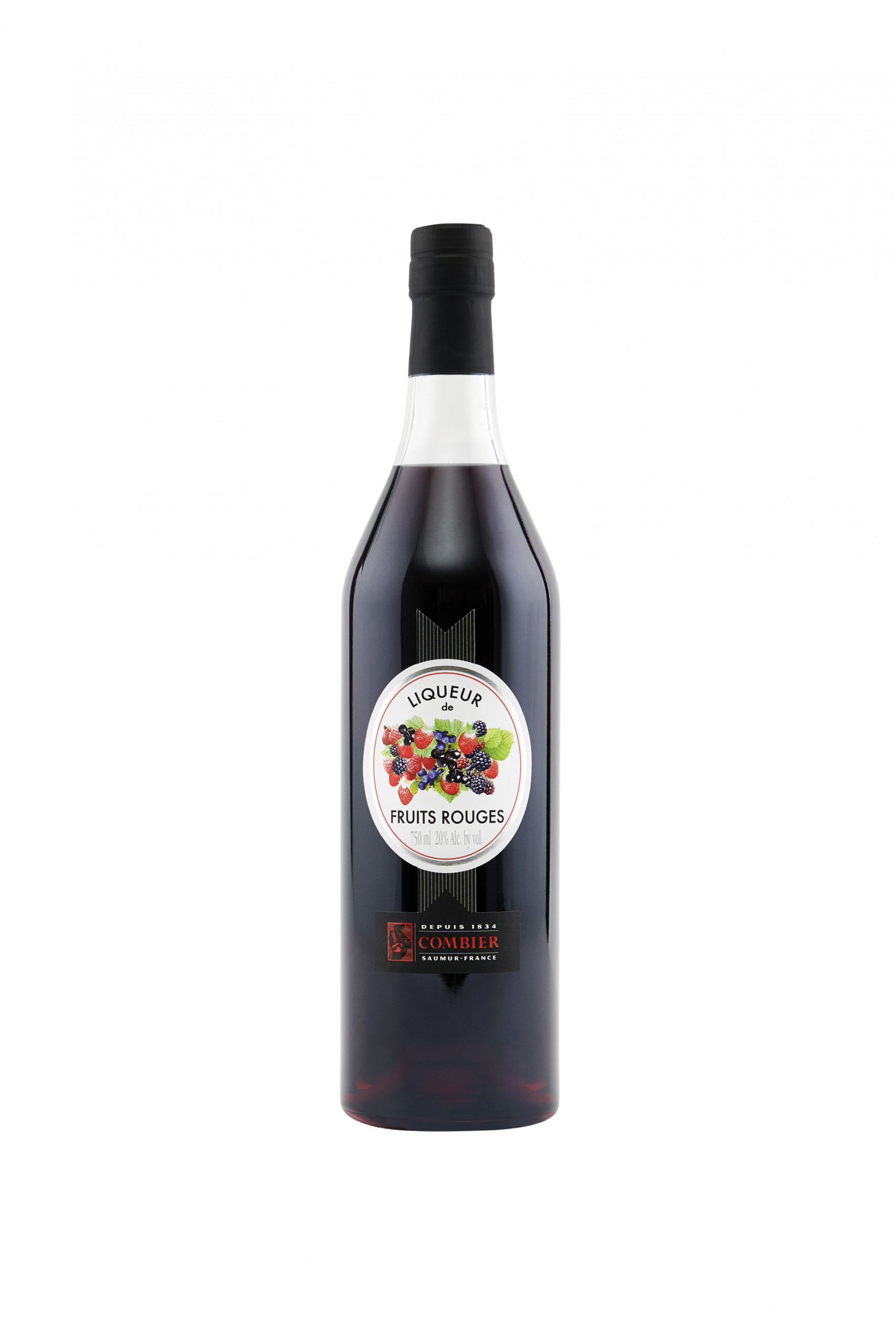 bottle of Combier Fruits Rouges, liqueur is deep red in color
