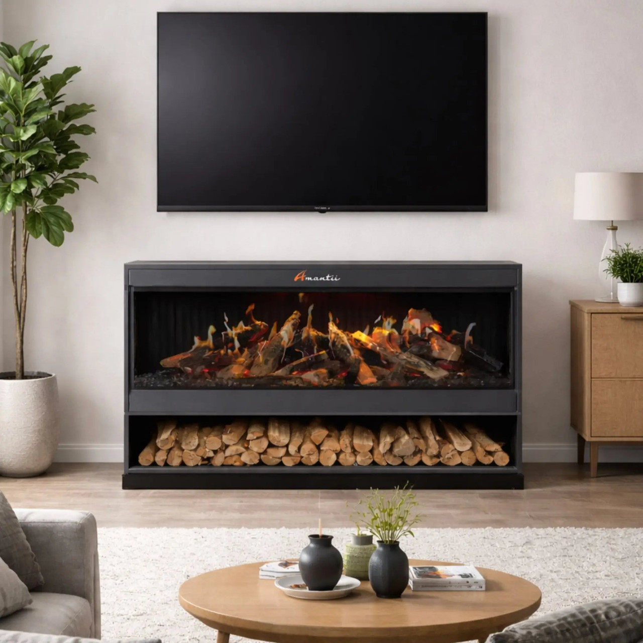 Amantii HOLO-75-BLK-PDS Black Pedestal for MULTIVIEW-HOLO-75-SIG — black storage pedestal installation; fireplace and logs sold separately