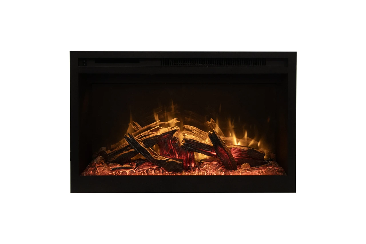 Amantii RusticStone RS30 electric fireplace - official exact-model flame-on photograph