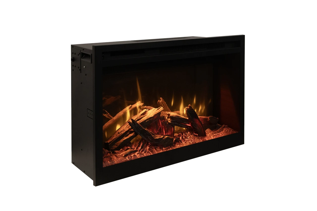Amantii RusticStone RS30 electric fireplace - official exact-model flame-on photograph
