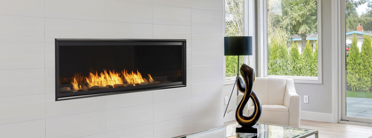 Monessen Artisan AVFL60NI 60-inch vent-free linear fireplace; optional stone kit shown