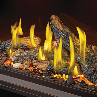 Napoleon 74-Inch Luminous Oak Log Burner Kit OLKTLV74L shown installed in separately sold fireplace