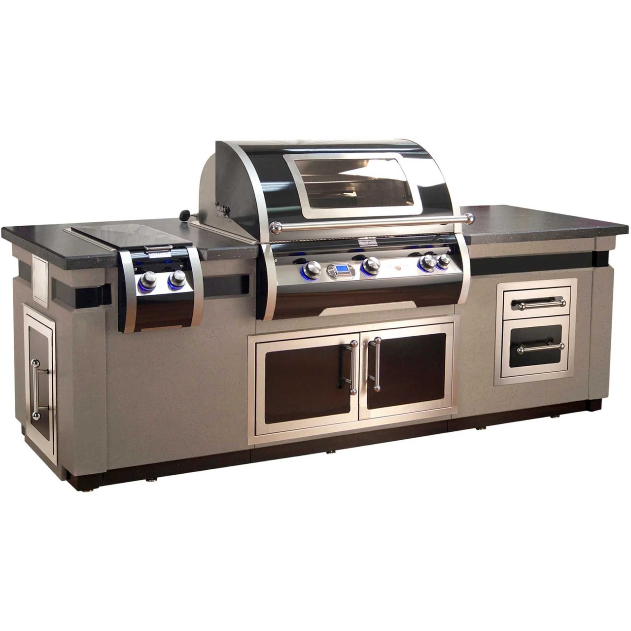 Fire Magic Black Diamond Edition Island (35" x 108") - Smoke Base With Polished Black Lava Counter & Double Drawer Cutout