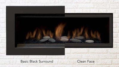 Sierra Flame LAM-BBS basic black surround shown on left; clean-face alternative shown on right for comparison. Fireplace sold separately.