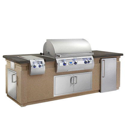 Fire Magic Island (35" x 108") Caf Blanco Base with Polished Smoke Counter & Refrigerator Cutout