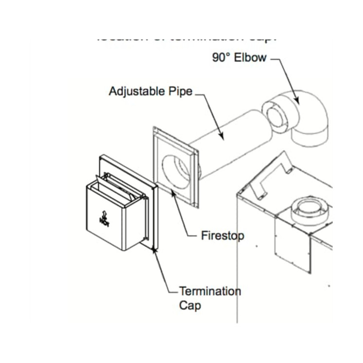 HHT Horizontal  Vent Termination Kit includes adj Termination Cap, 1" firestop, 3" firestop, 90 degree elbow, 9" - 12" adj. termination pipe DVP-HVTK