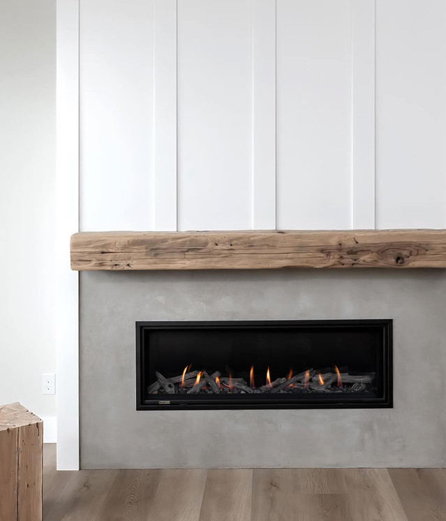 Montigo DRL4813NI DelRay single-sided gas fireplace — manufacturer installation image; decorative media shown