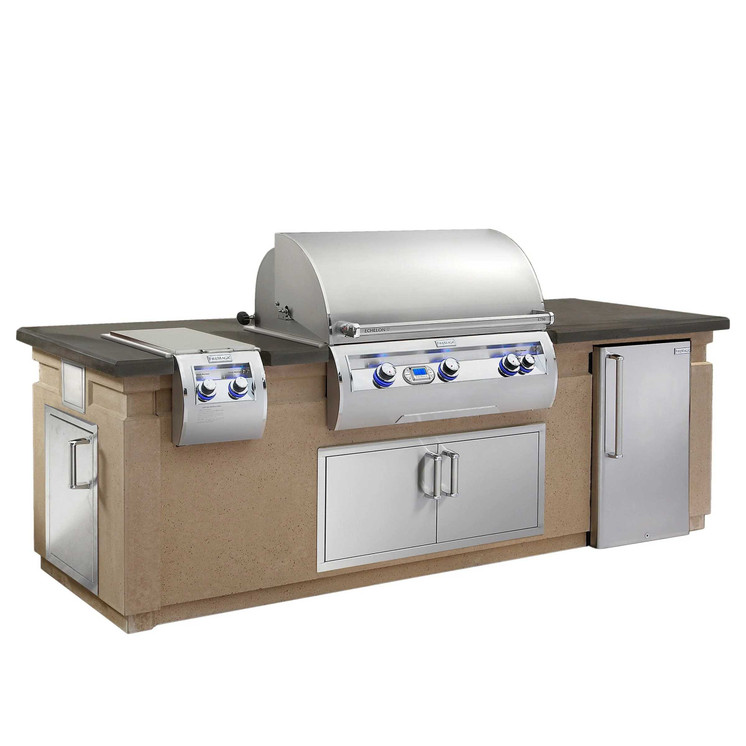 Fire Magic Island (35" x 108") Caf Blanco Base with Polished Smoke Counter & Refrigerator Cutout