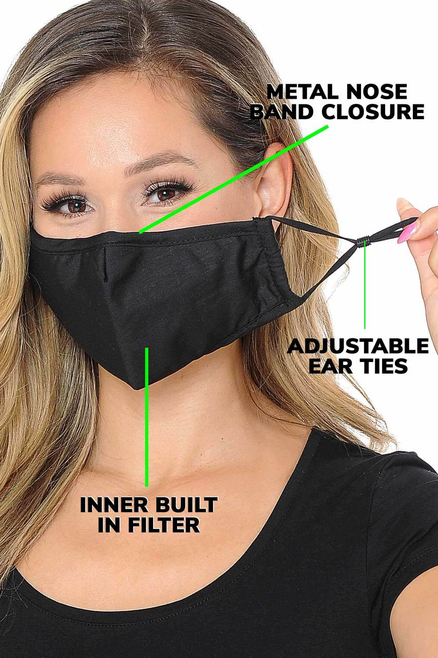 3 Ply Face Mask with Inner Built in Filter - Nose Closure - Adjustable Ear Ties