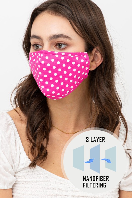 Pink Polka Dot Fashion Face Mask with Built In Filter and Nose Bar