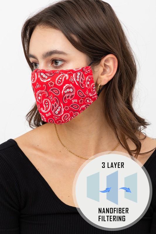 Red Bandana Fashion Face Mask with Built In Filter and Nose Bar