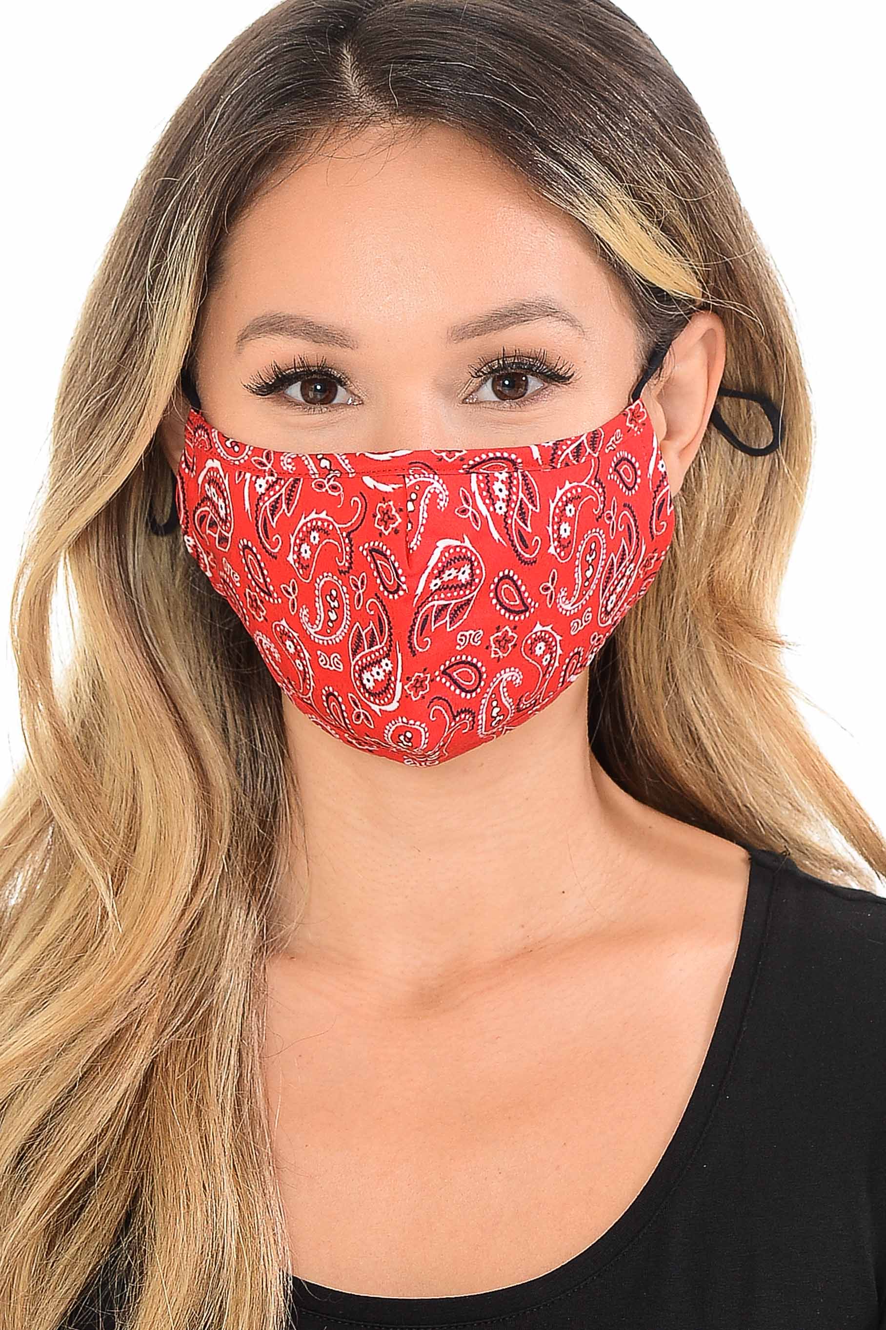 Front View of Red Bandana Fashion Face Mask with Built In Filter and Nose Bar