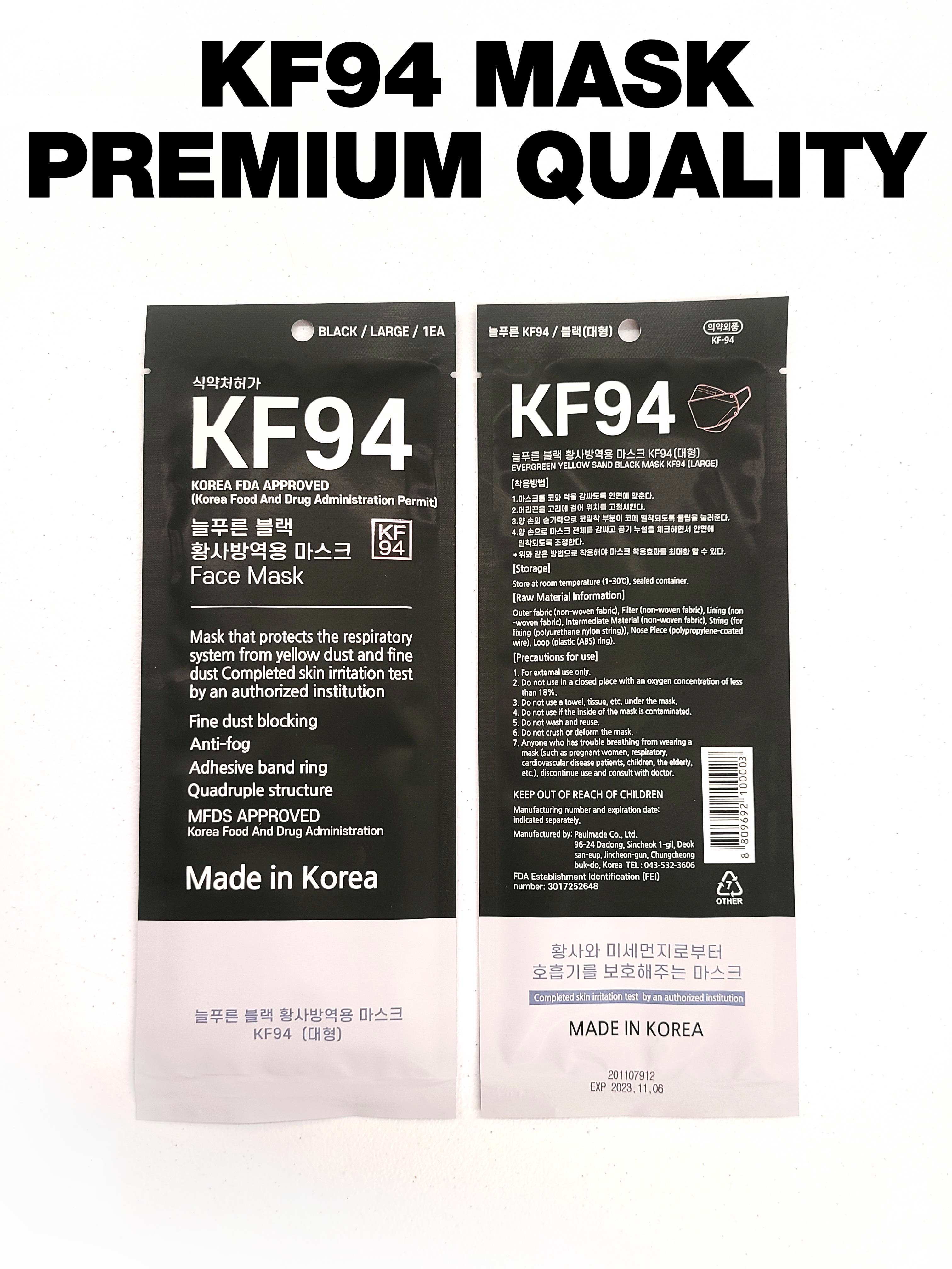 Black KF94 Face Mask - Individually Sealed - Premium Oral Respirator